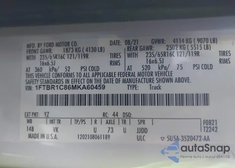 2021 Ford Transit-250 z USA, uszkodzony, nr VIN 1FTBR1C86MKA60459